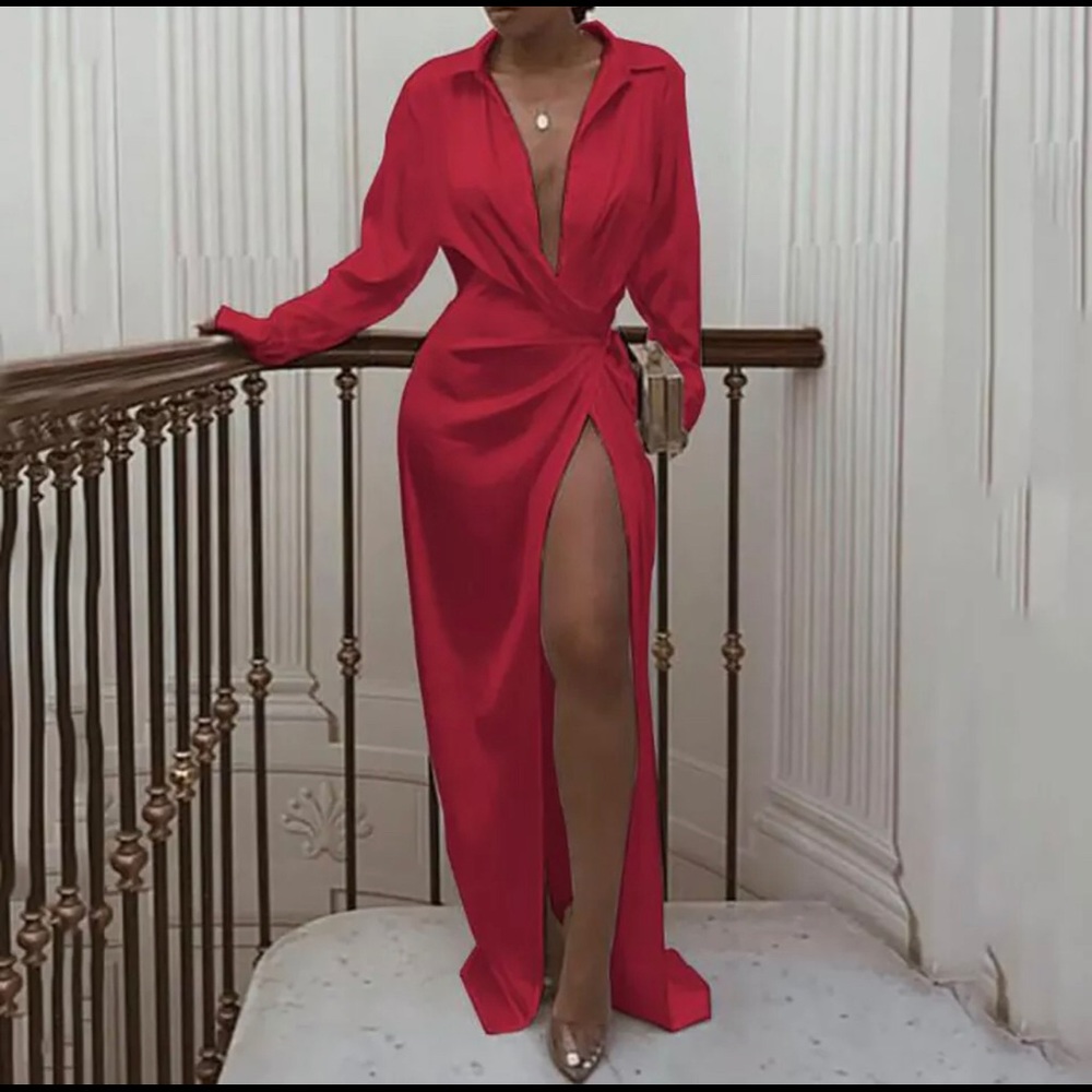 Evening Party Dress Long Sleeve V Neck